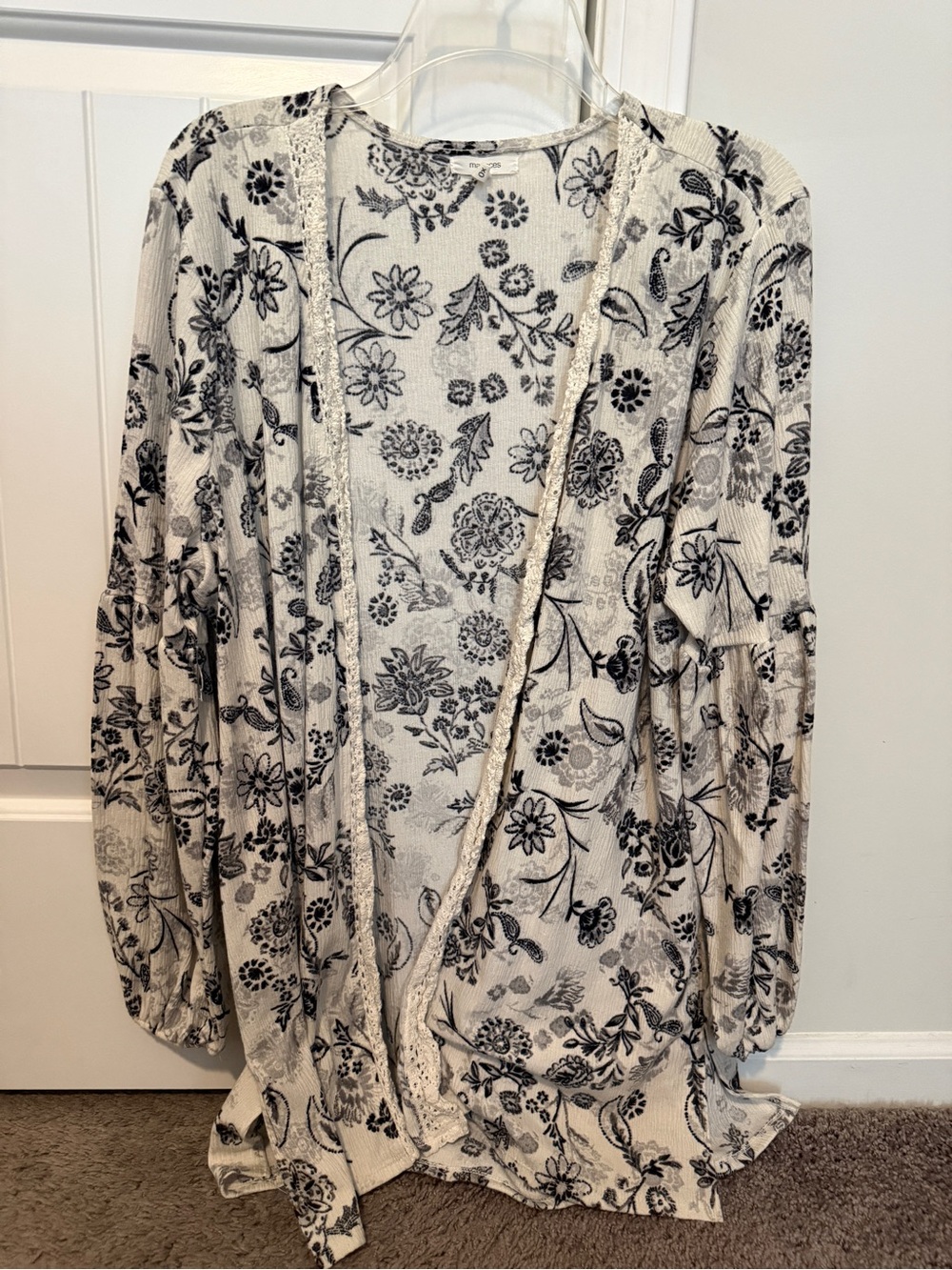 Maurices Cream Open-Front Floral Cardigan with Black Print